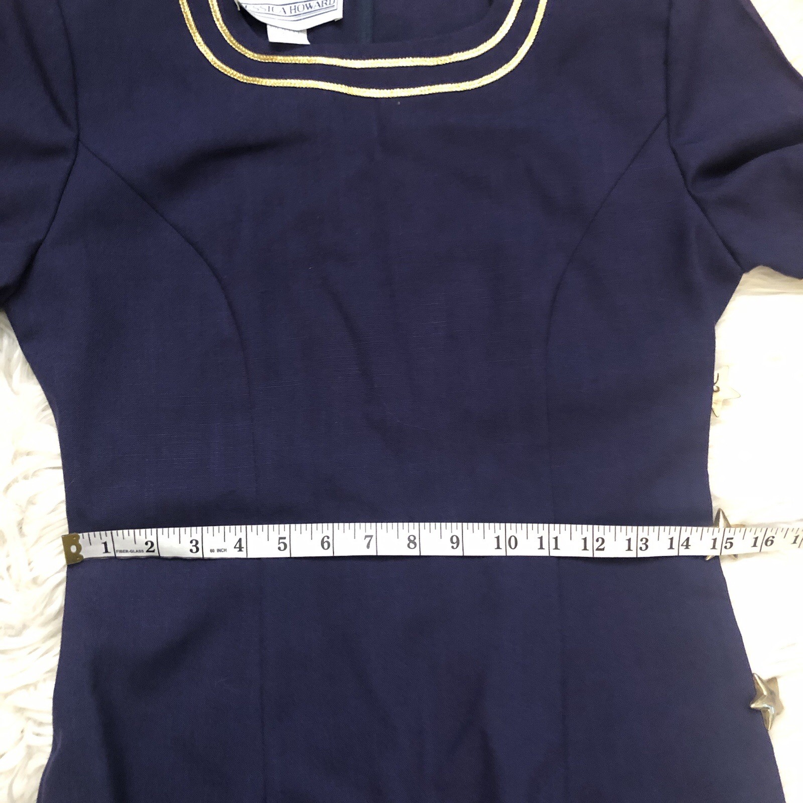 Jessica Howard Sailor Nautical Stars Linen Navy Gold Trim Sheath Dress size 6