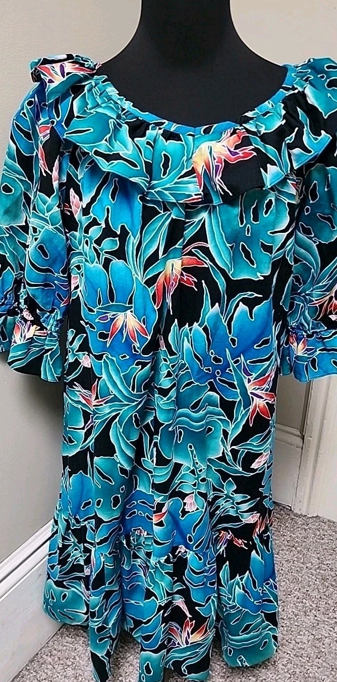 VTG Hilo Hattie Ruffle Blue Bird Of Paradise MIDI Hawaiian MuuMuu Dress Large