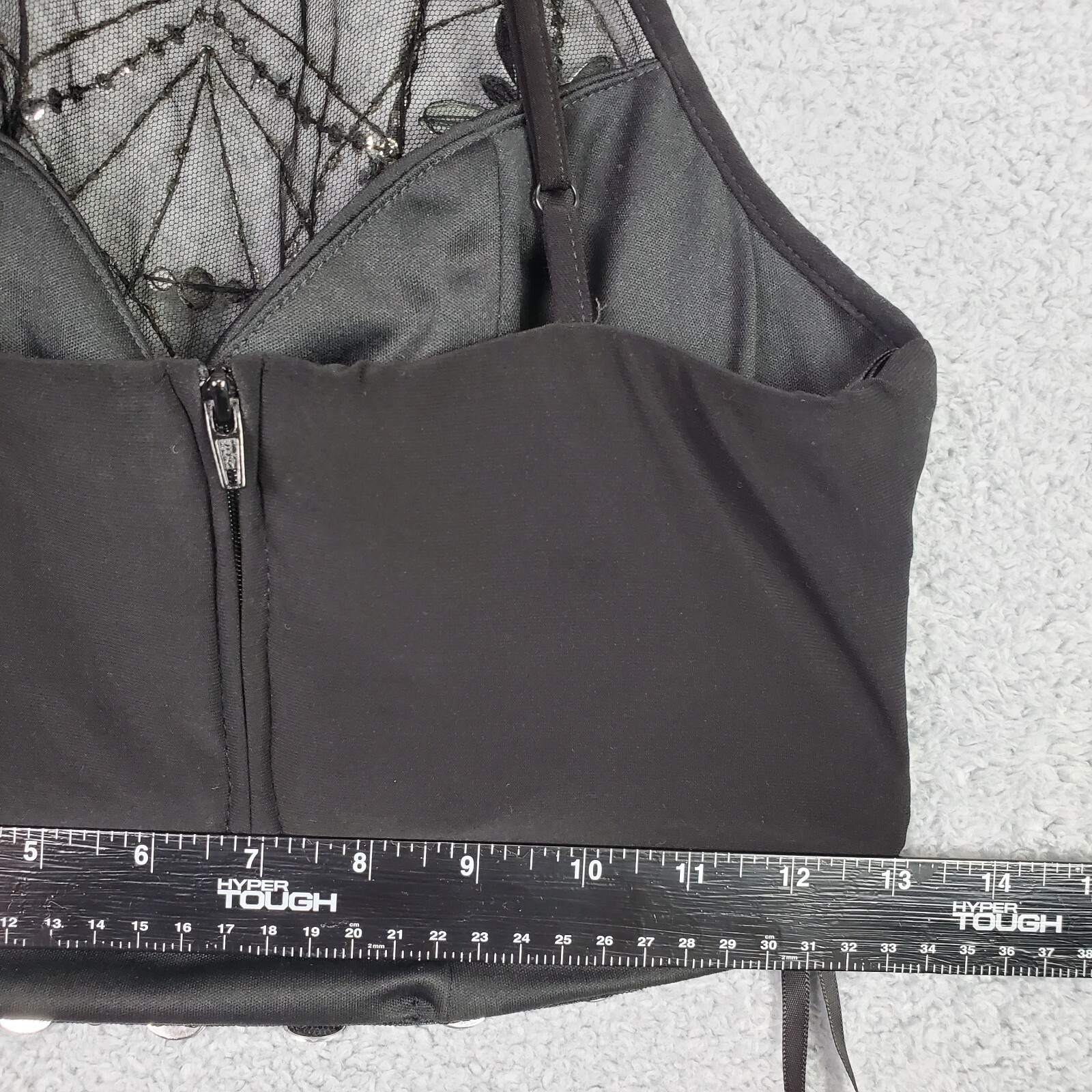 Vtg B Darlin Top Size S Black Halter Crop Embellished Jewels Sheer Padded Zip Up