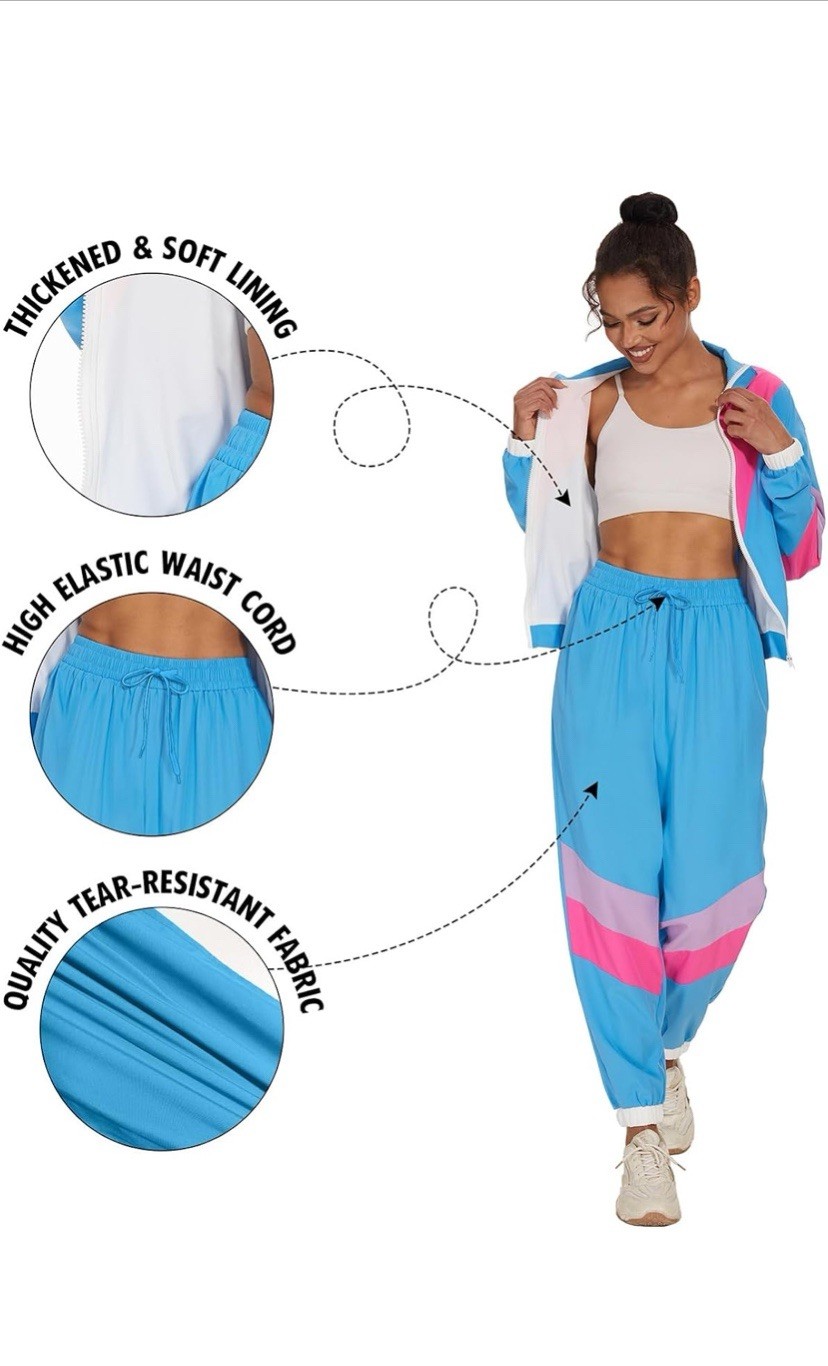 Women’s Color Block 2 Piece 80s 90s Outfits Long Sleeve Windbreaker Jacket -Set