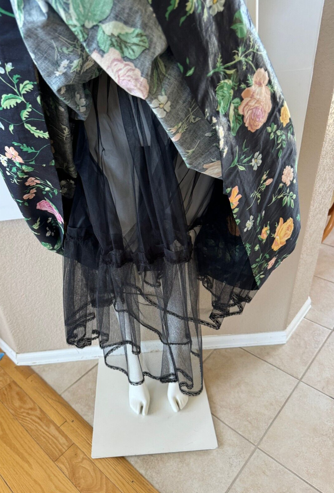 Vintage 80s Cottage Core Black Floral Prom Party Dress S G Gilbert Net Slip Sz 6