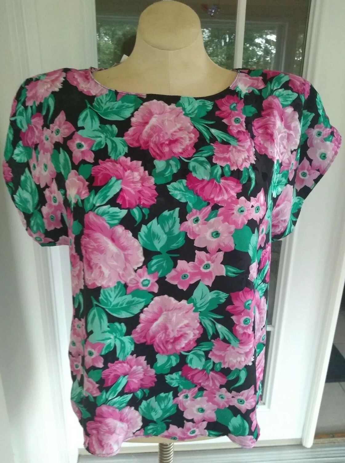 Vintage Keri Ann Womens Black Pink Floral Cap Sleeve Top Blouse Size 38 (Large)