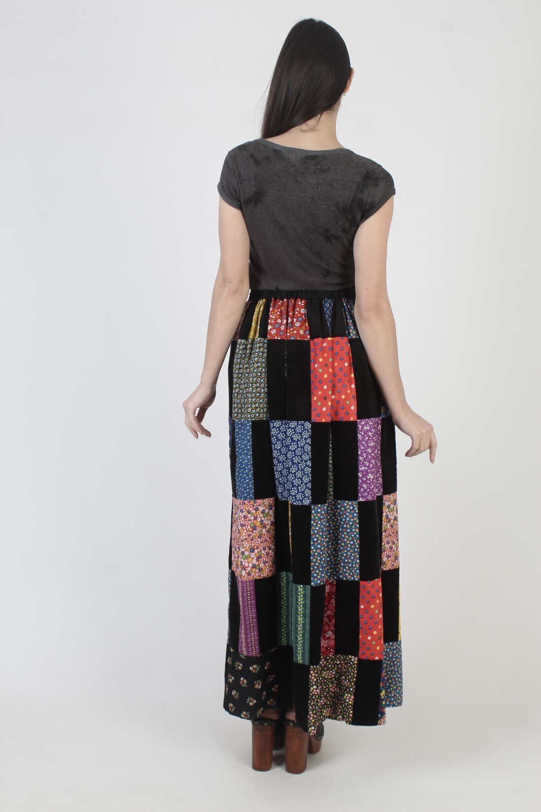 Vintage 70s Blk Mr Hank Patchwork Skirt Quilt Square Cottage Prairie Hippie Maxi