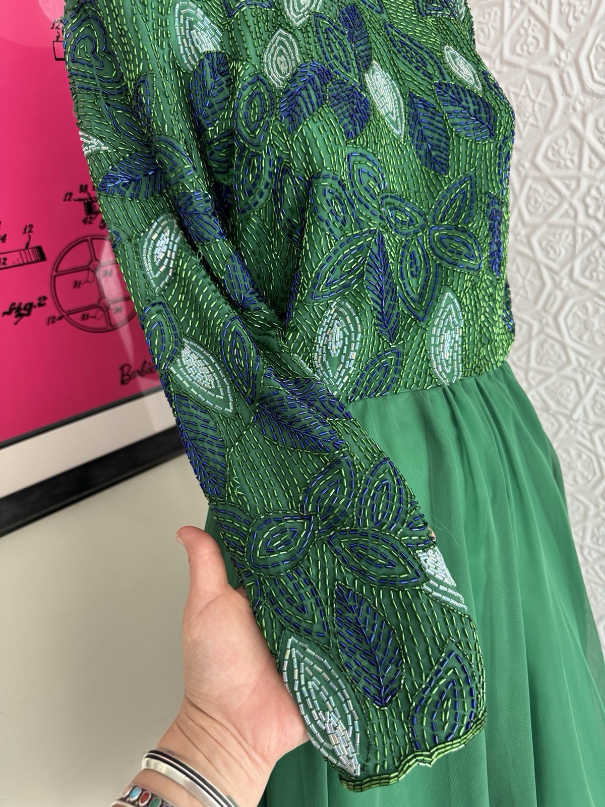 1980s Green Beaded Chiffon Cocktail Dress-Floral-Foliage-Glam-Hollywood-S/M