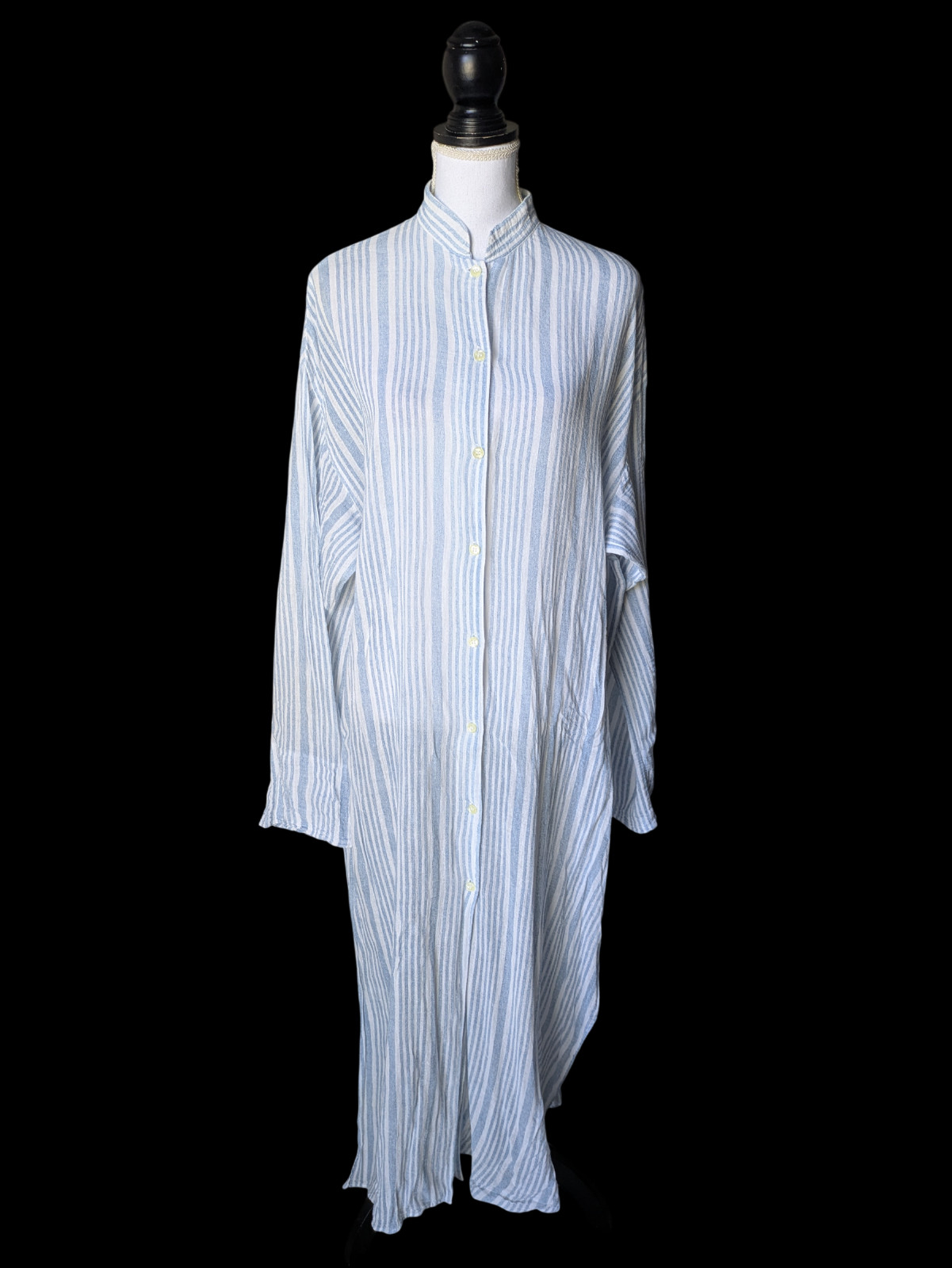 Vintage Victorias Secret 1980s Blue White Striped Semi Sheer Kaftan Large Button