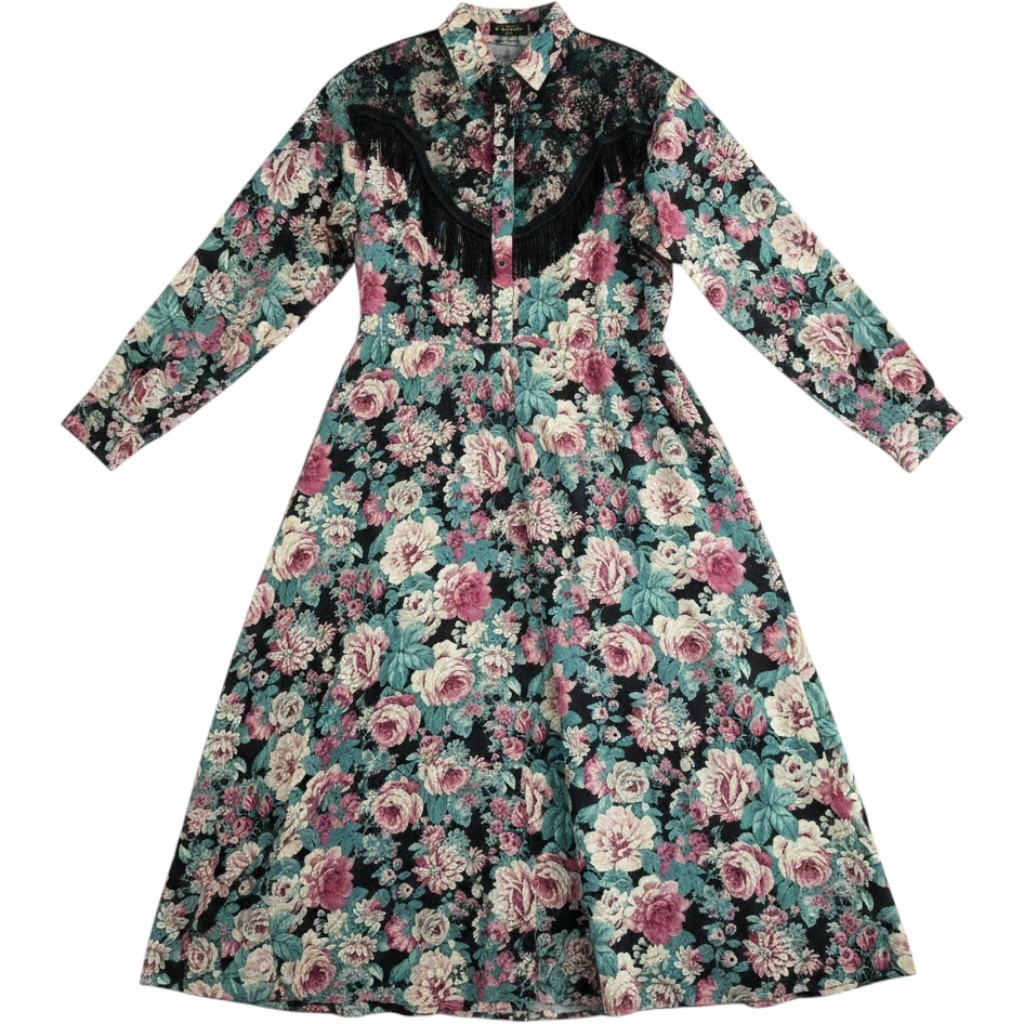 Vintage Panhandle Slim Floral Western Maxi Dress Fringe Pearl Snap Prairiecore