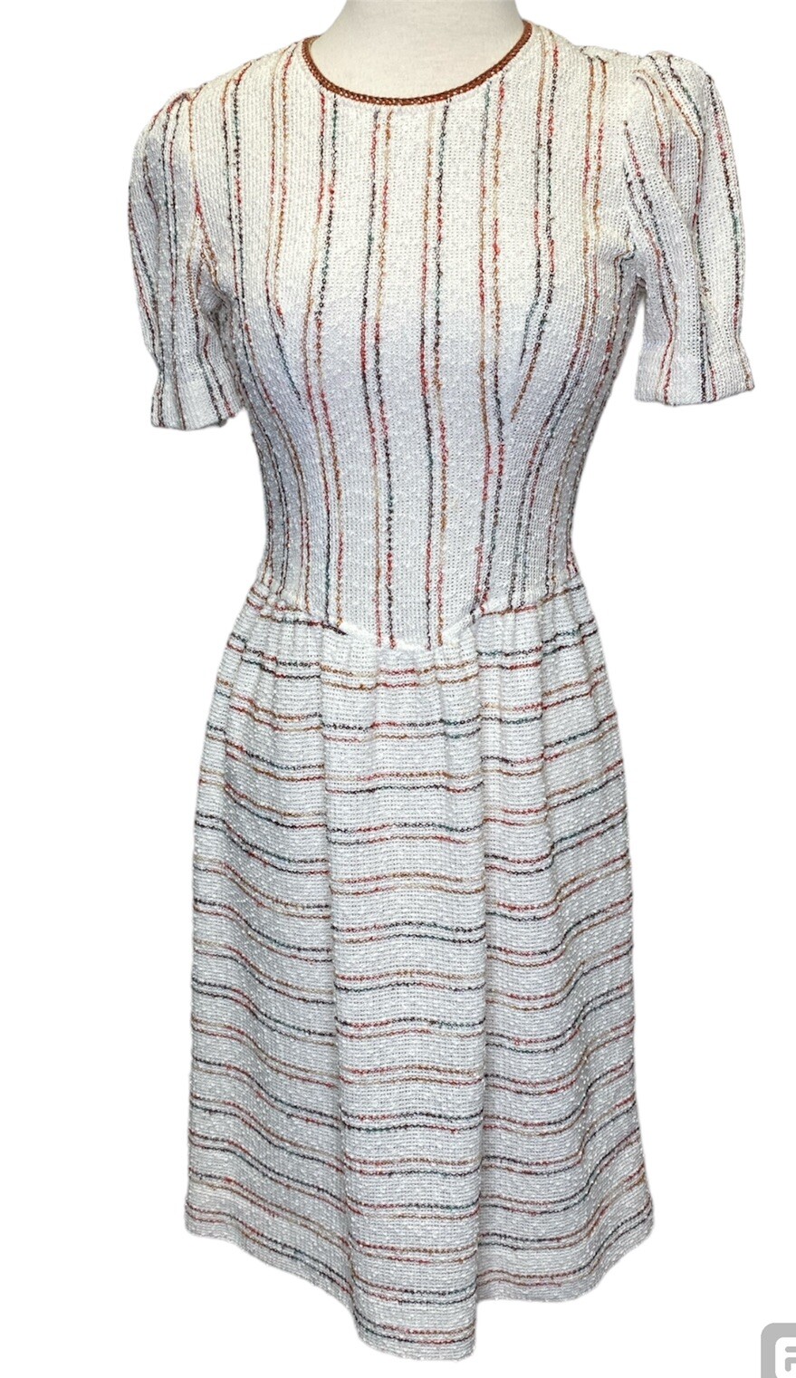 Vtg 70s 80s Day Dress Rainbow Sz 6 Small Nubby Fabric Stripe Resort Cream Woven