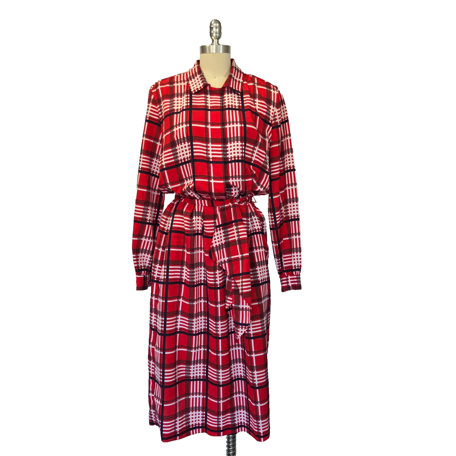 Vintage 70s Red Plaid Midi Shirt Dress Size L Tie Waist Long Sleeve Tartan