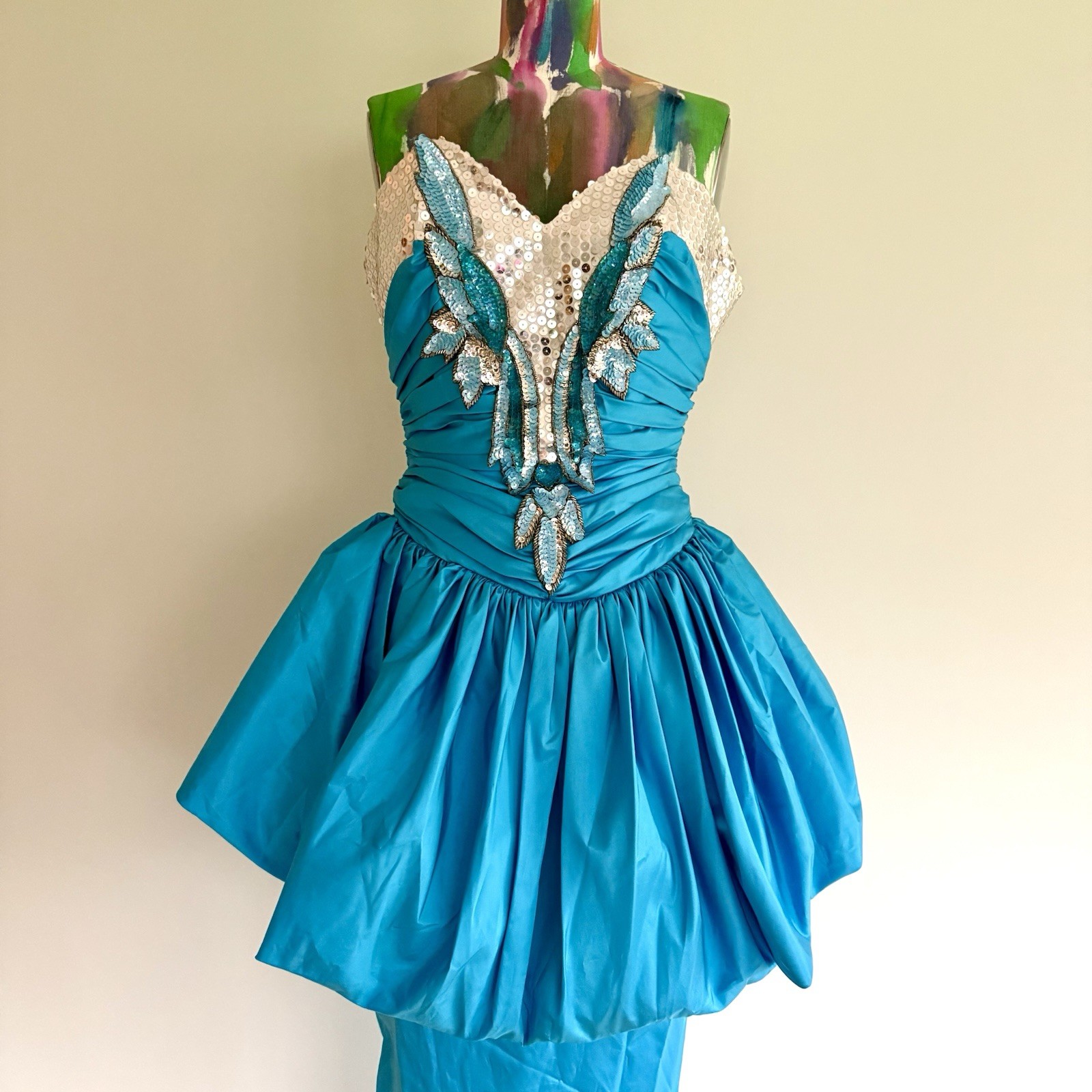 Vintage Alyce Designs 1980s Blue Taffeta Sequin Peplum Prom Dress