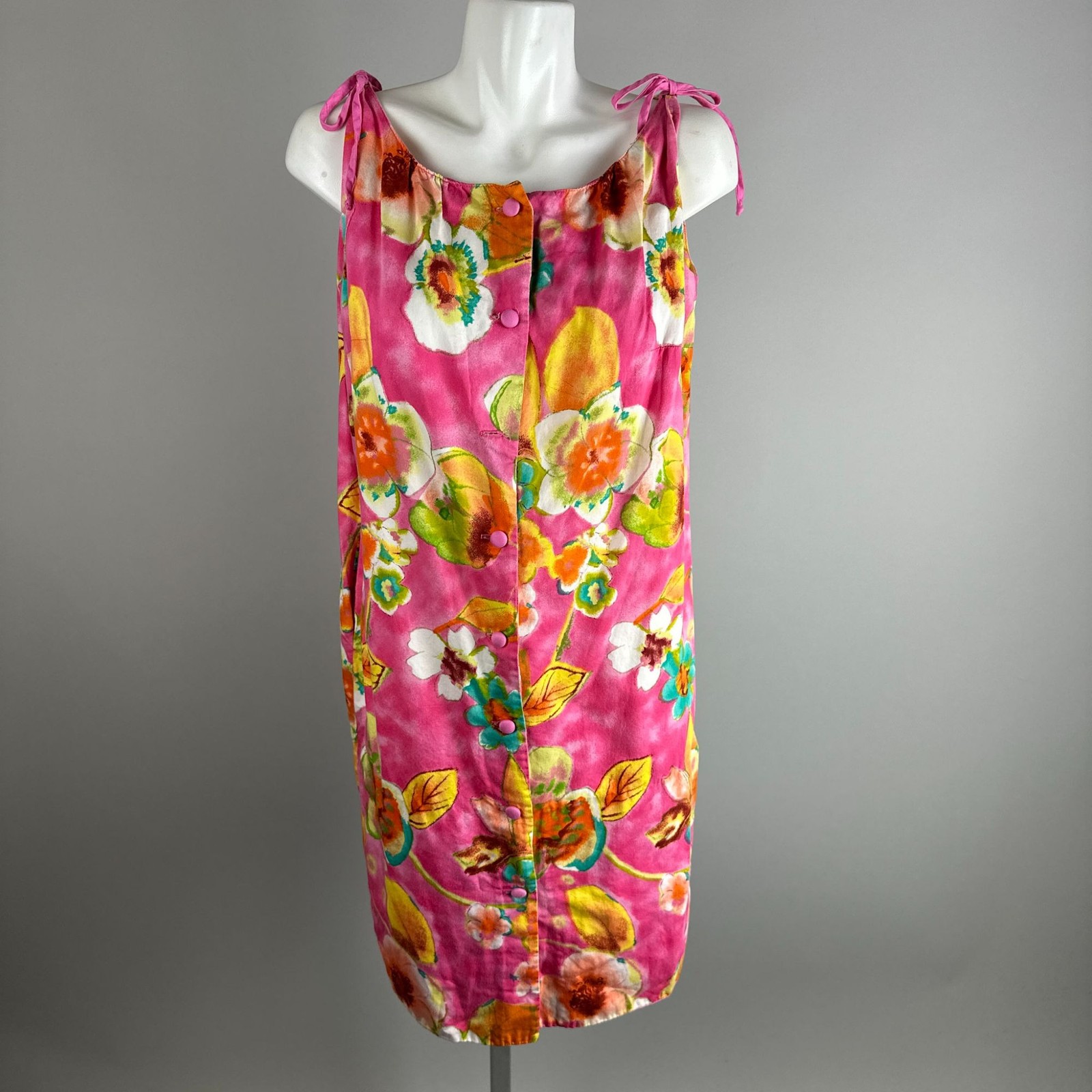 Vintage 1970s Alice Hawaii Floral Dress Pink Orange Tiki Boho Mid-Century Summer