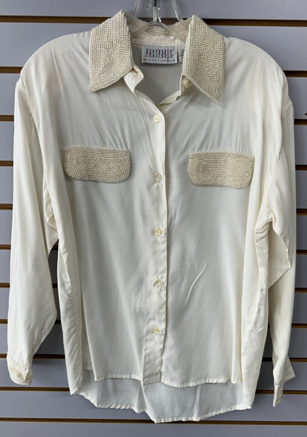Vintage Passports Of Pier 1 Imports Top Womens Small Ivory Blouse Button Pearl