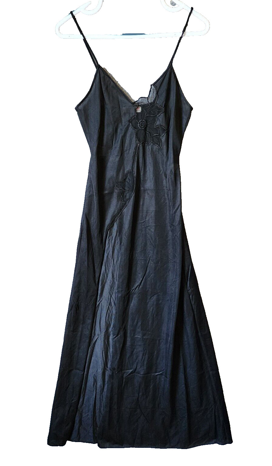Vtg Joie De Vie Nylon Satin Nightgown Plunging Lace High Slit Sexy Black Petite