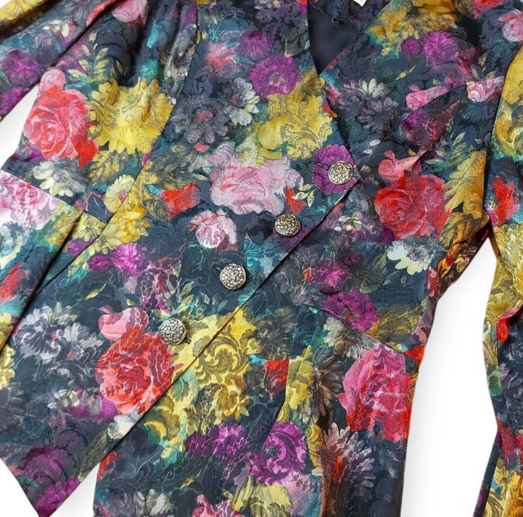 Vintage Nu-Mode 80s Floral Fitted Shoulder Pad Pleated Jacket