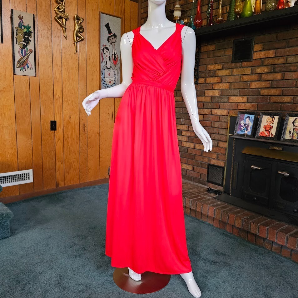 Vintage 70s Disco Cut Out Backless Red Draped Jersey Maxi Bra Dress Gown XS/S