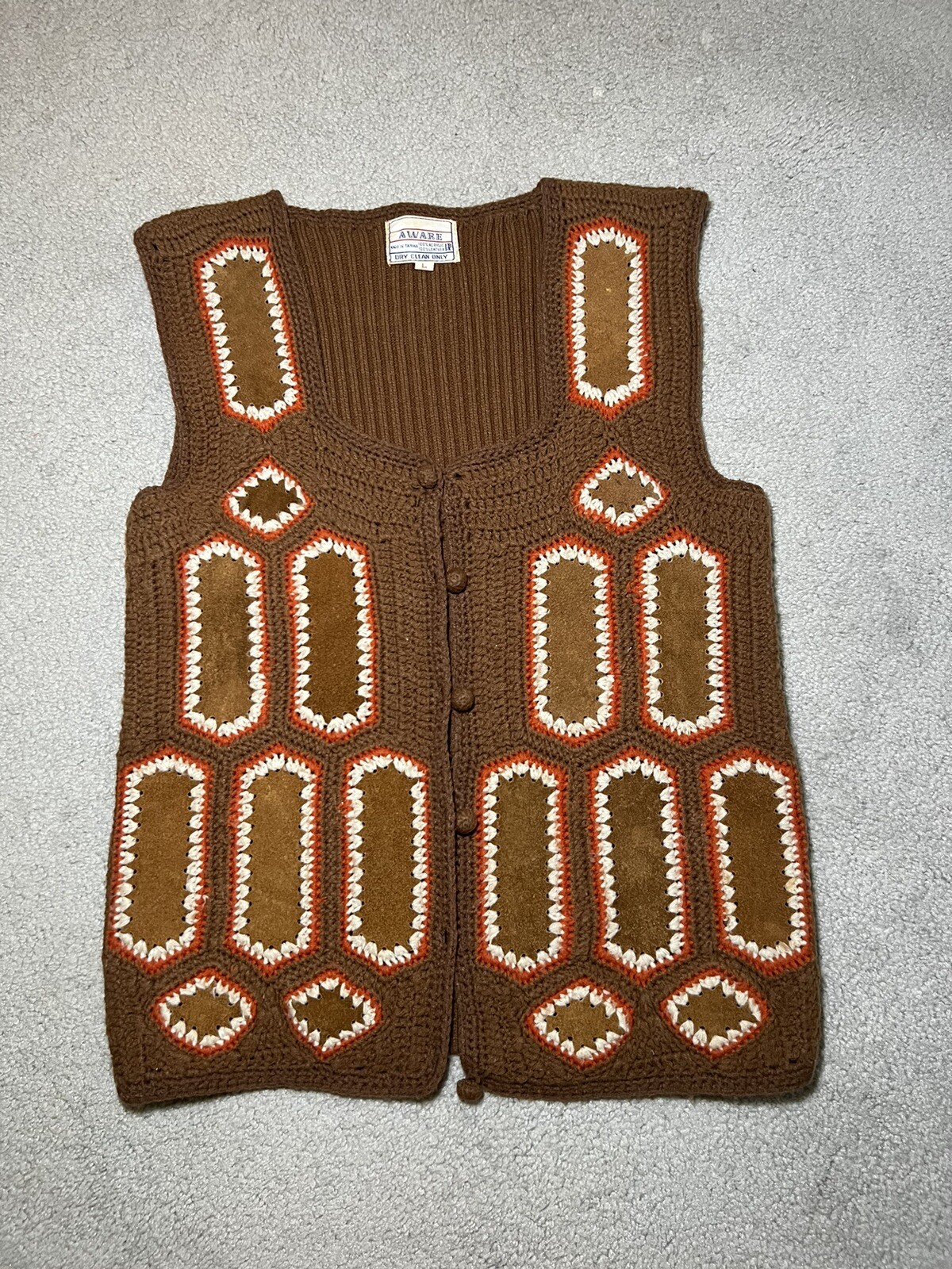True Vintage Retro 70s Leather Patch Crochet Knit Vest by Aware Size Large