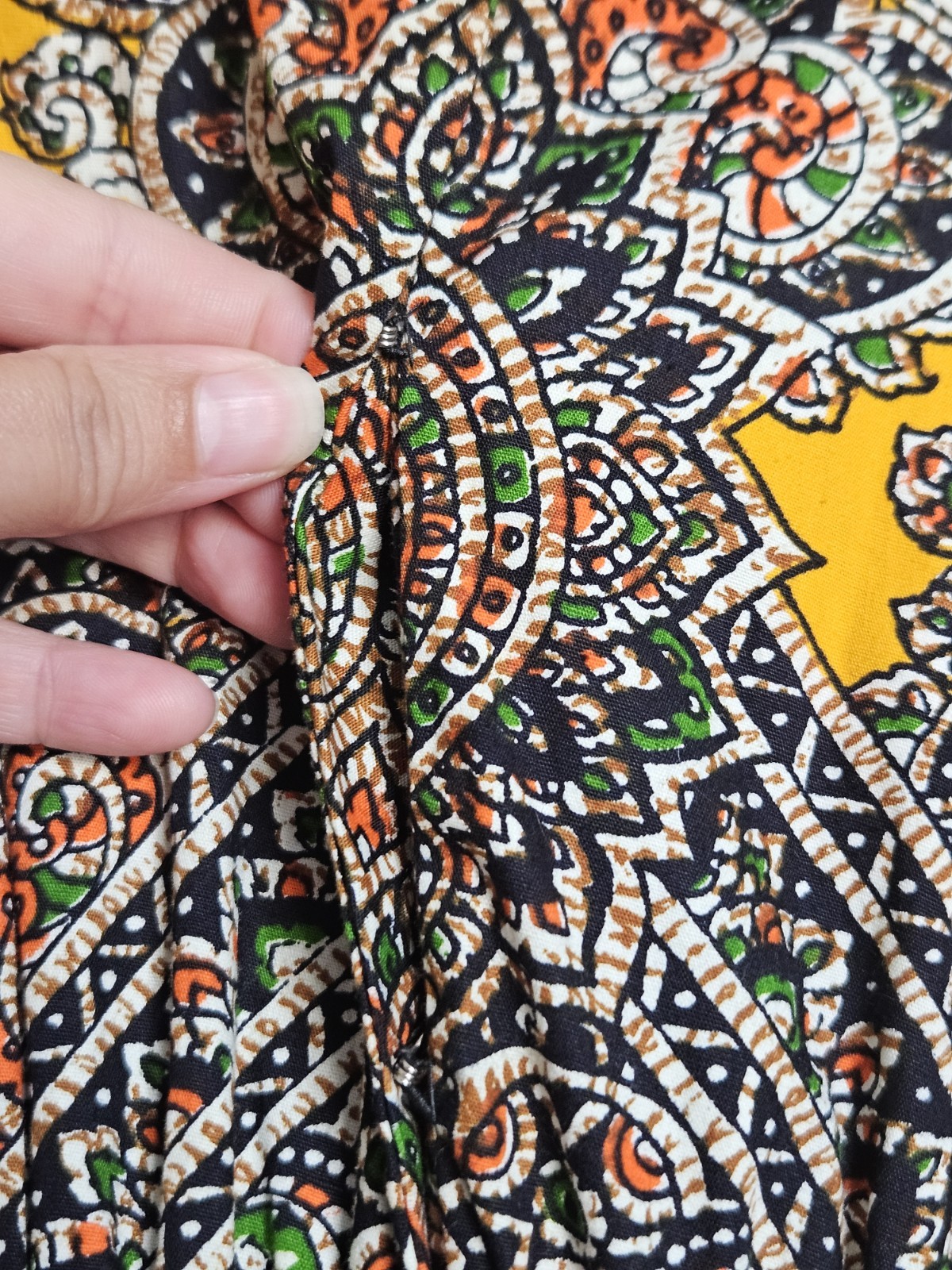 Vtg Thai Cotton Vibrant Yellow Printed Ethnic Asian Maxi Dress Kaftan XS