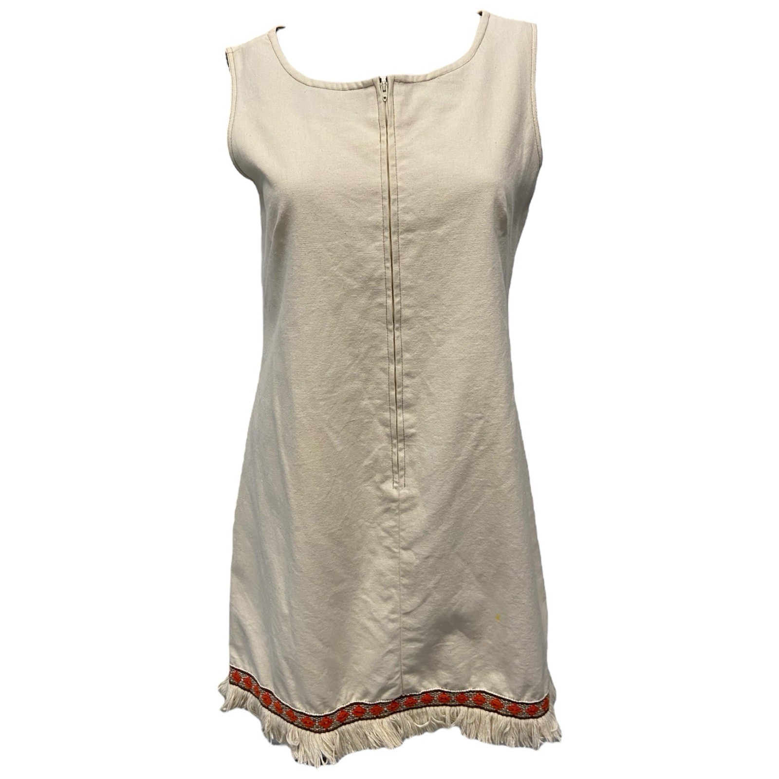 VTG 60s/70s Gilead White Beige Linen Embroidered Fringe Dress Shift Dress Sz M