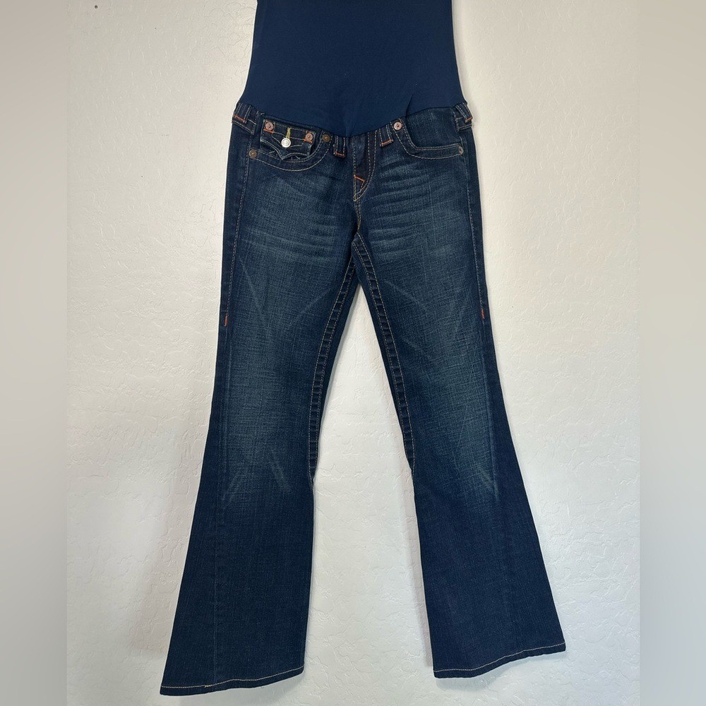 True Religion women’s 28 Dark Wash Maternity Wide Leg Jeans pea in the pod boot