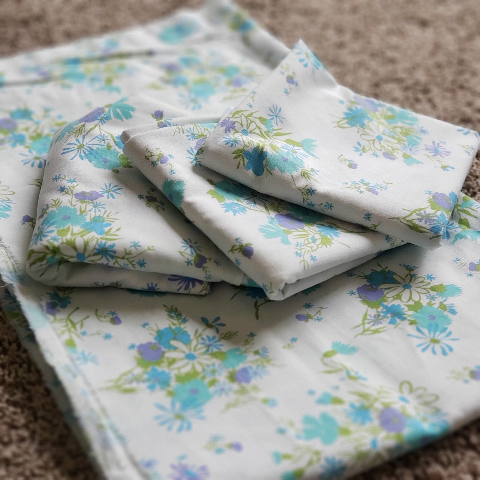 1960s Vintage Cotton Aqua Blue Mint White Floral Lot Of 4 Remnants #81