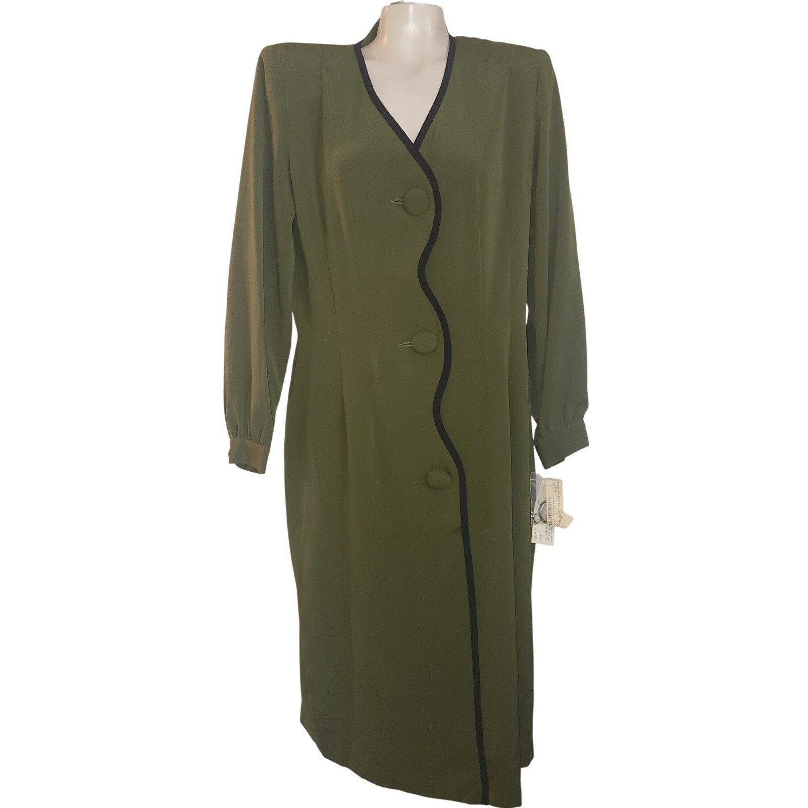 Hana Sung NEW Vintage Olive Green Wavy Trim Button Front Midi Dress Size 14