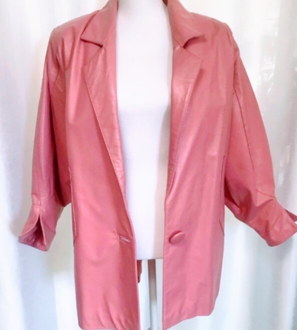 Pink Leather 1980’s Car Coat Length Dolman Sleeves Excellent Condition by Rafael