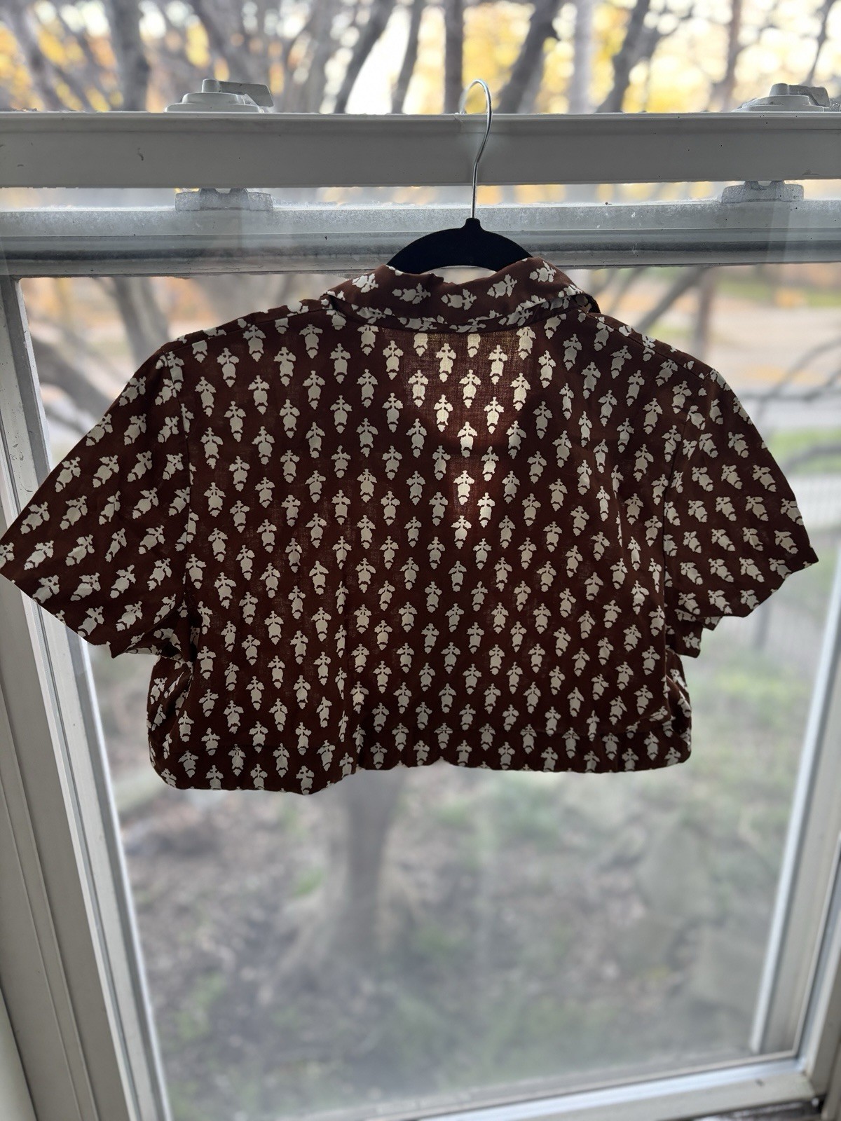 Vintage 70s Sears JR Bazaar Cropped Tie Brown Cream Block Print Short Sleeve