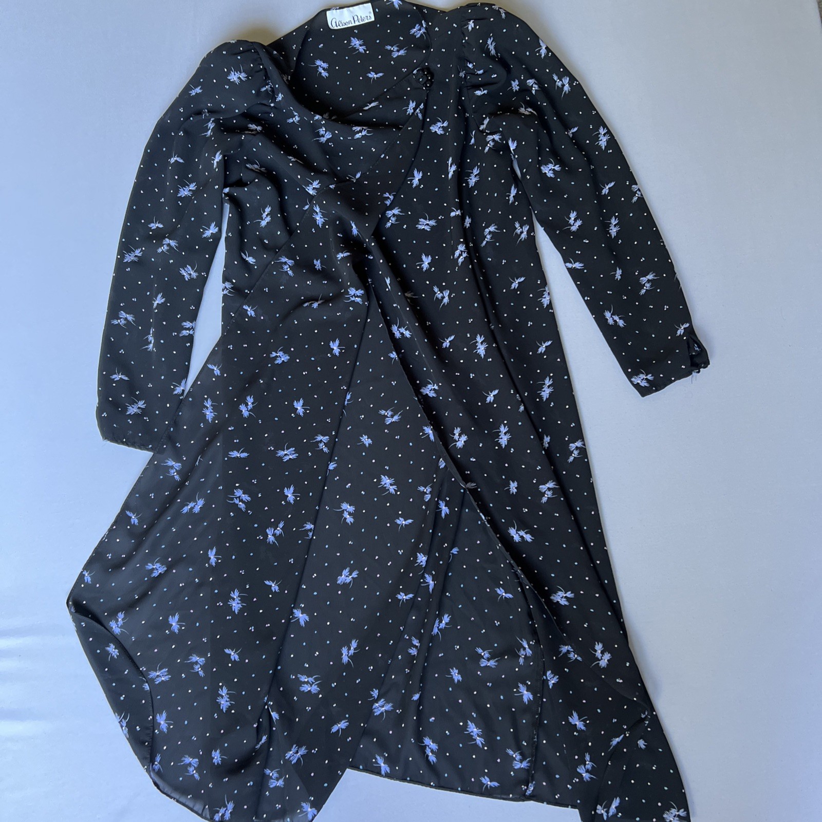 Vintage Black Sheer Floral Midi Dress Romantic Cottagecore Goth Fairy Grunge