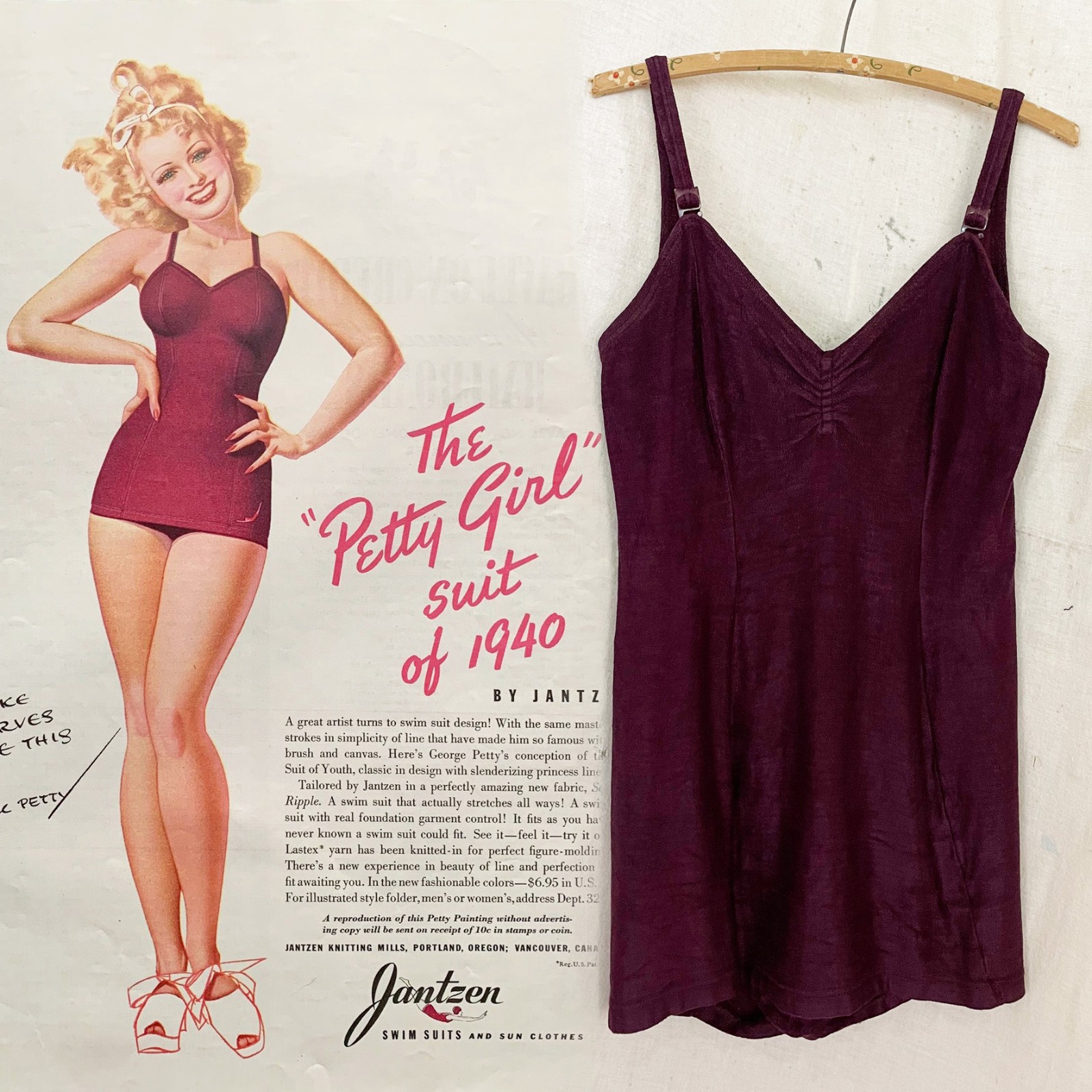 RARE Vtg 40s Jantzen George Petty Pinup Girl Knit Terry Cloth Swimsuit sz 40 / L