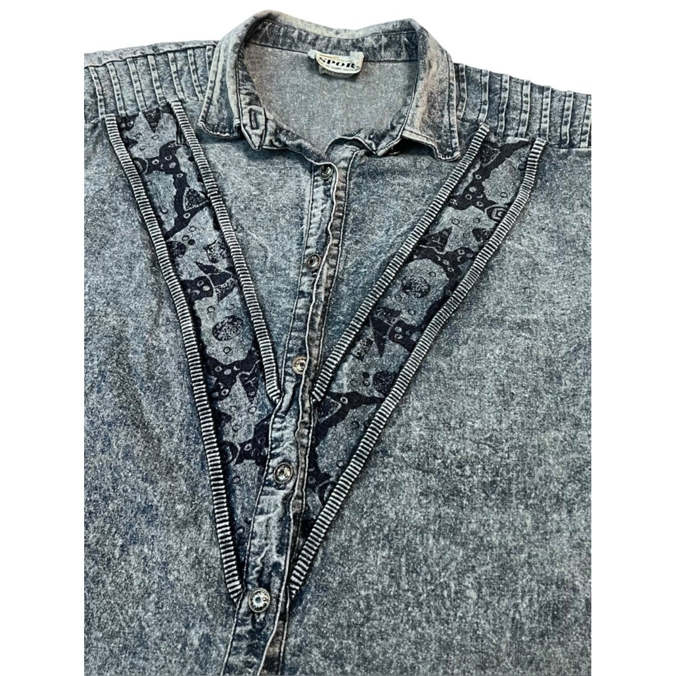 Vintage Acid Wash Chambray Pleated Statement Shirt Geometric USA Made Size 16