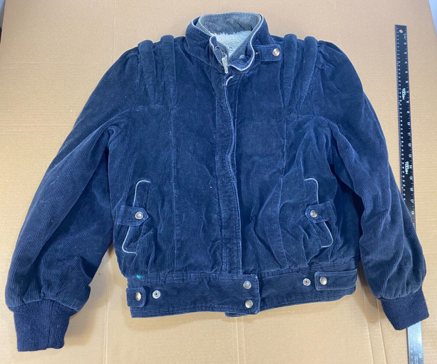 Vintage 70s 80s Maid Mod Blue Corduroy Coat Jacket Futuristic Zipper Style Women