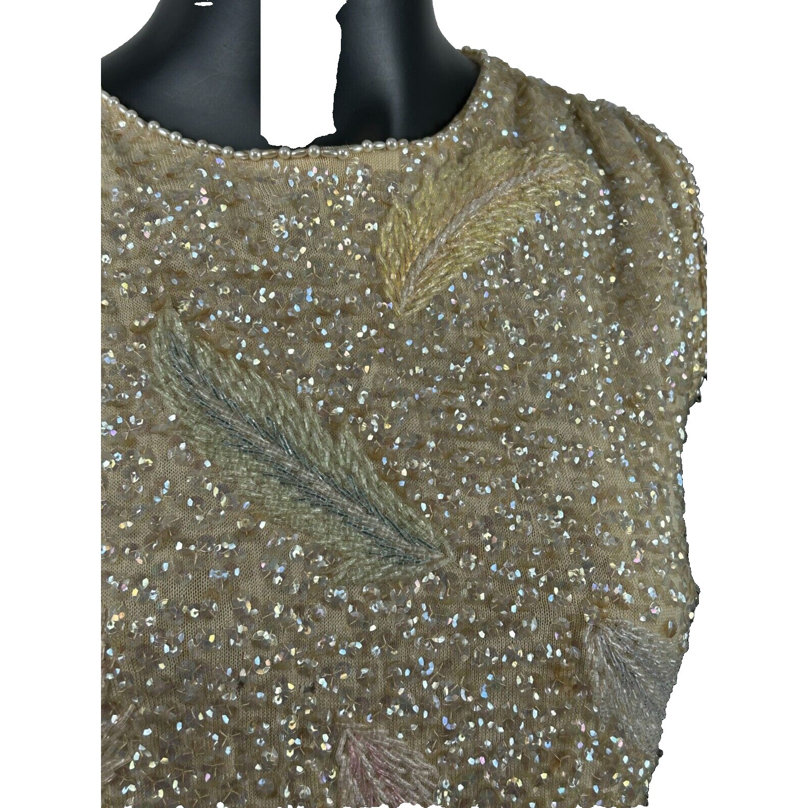 Vintage Sleeveless Sequin Beaded Feather Top Women’s Medium Shell 1950s Flaw