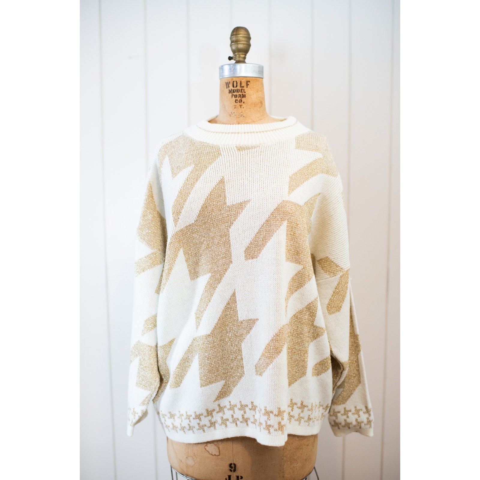 Vintage 80s Abstract Origami Sweater Cream Gold Metallic Artsy Neutral Knit, Lg