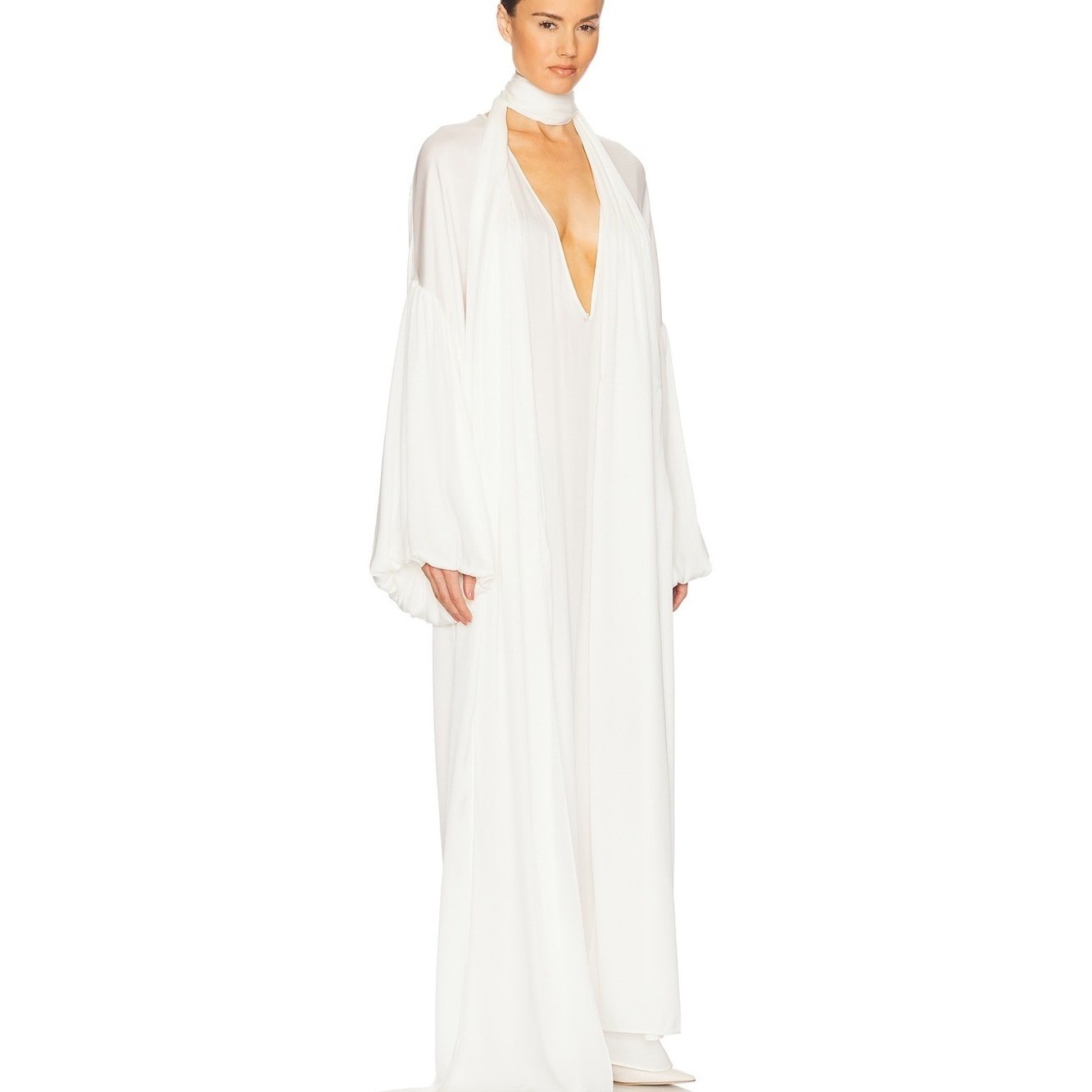 Elegant White Silk Plunging Maxi Dress with Dramatic Sleeves
