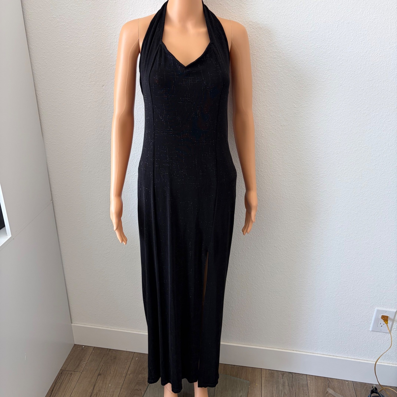 Luly K Maxi Dress Women LG Black Vintage 90s Y2K Halter Open Back Glitter Prom