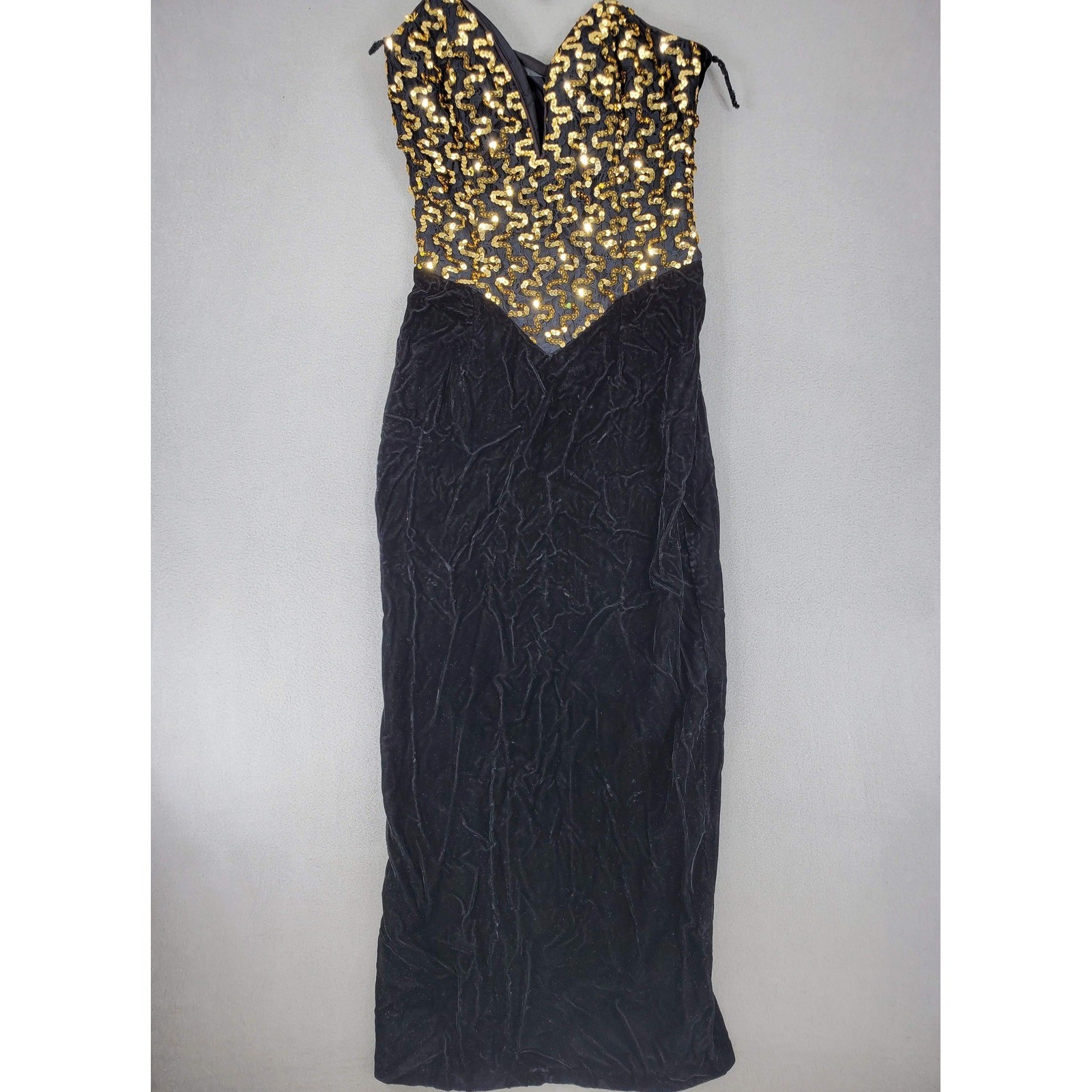 Gunne Sax Dress Women 9 Black Gold Sequin Velvet Vintage 80s Prom Gown Formal