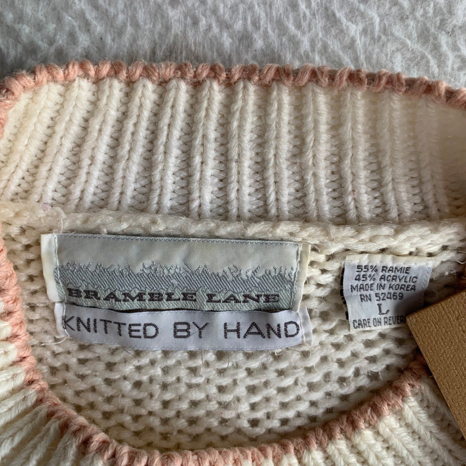VTG Bramble Lane Hand Knit Sweater Sz L Ramie Blend Floral Cottagecore (STAINS)