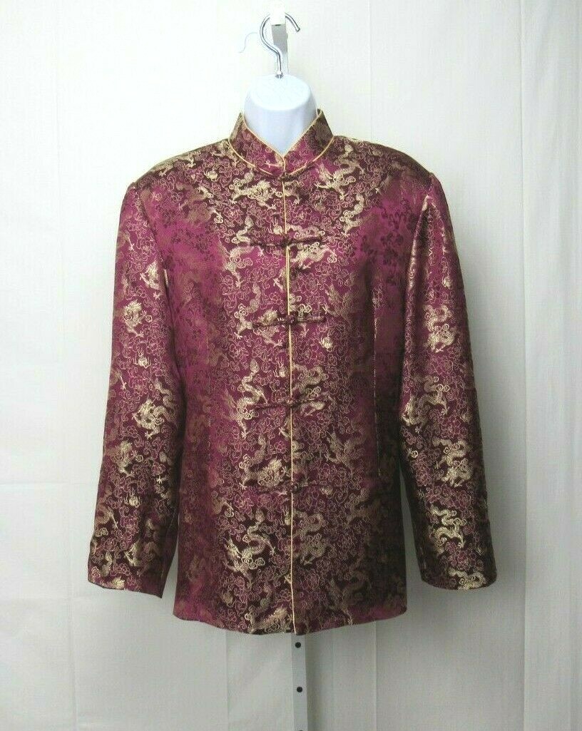 VTG 1950s 60s KIMONO STYLE JACKET BOYSENBERRY GOLD EMBROIDERY FROG BUTTONS