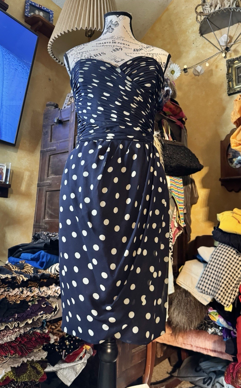 Vtg Kathryn Conover Polka Dot Navy Blue Strapless Bustier Silk Dress Ruched S M