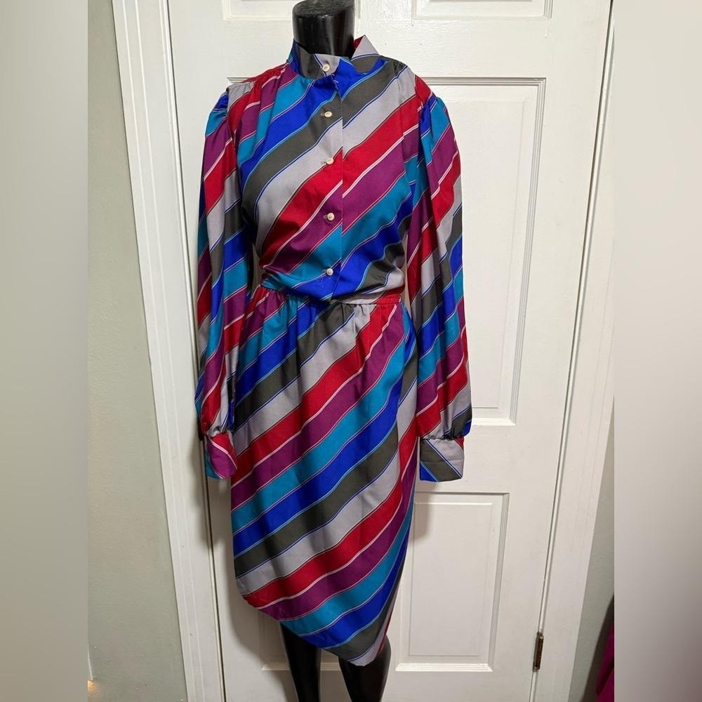 Vintage 1970s Stripe Long Sleeve Womens Dress Size 10 Red Blue Green Tan Purple
