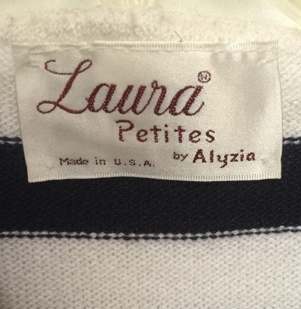 VTG 80s Laura by Alyzia Knit Striped Blue White Cardigan Sweater Size 4 USA R3O3