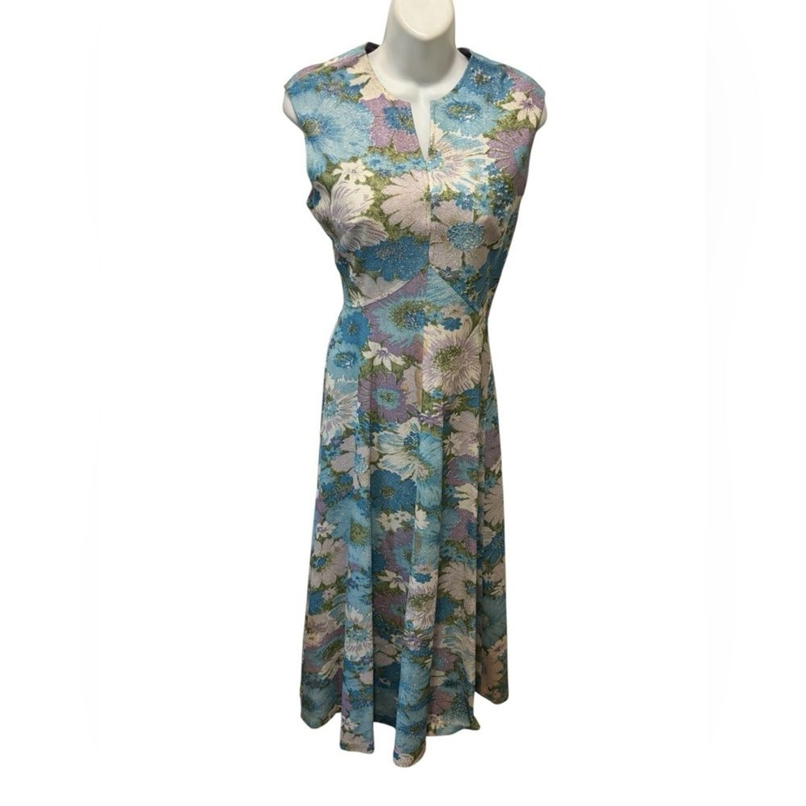 Handmade 70’s Floral Midi Length Dress Sz 10 Empire Waist Sparkle Sleeveless