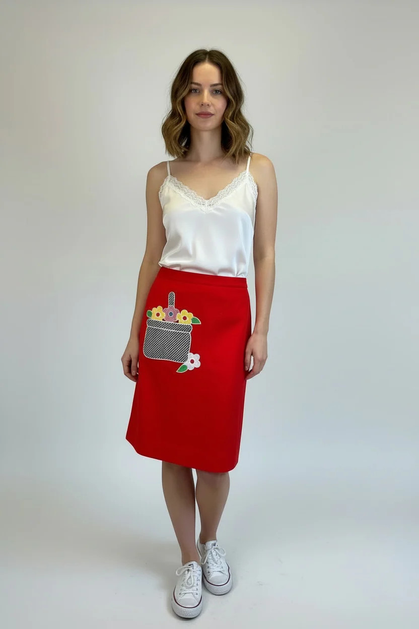 Vintage 70’s Red Skirt with Retro Flower Appliqué, sz small