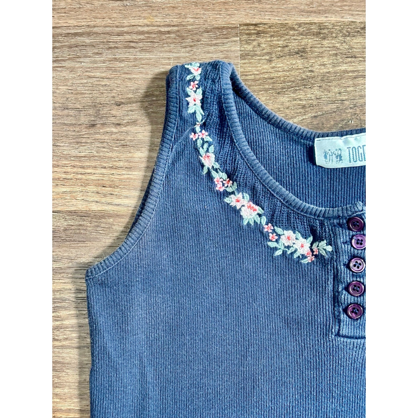 Vintage 1990s Together! Navy Blue Tank Top Floral Embroidery Cotton Medium