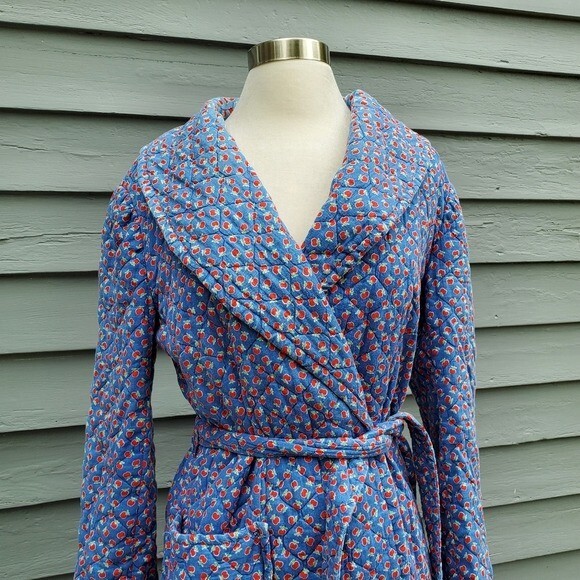Vintage 70s Handmade Blue Red Apple Quilted Belted Housecoat Robe Trench Coat