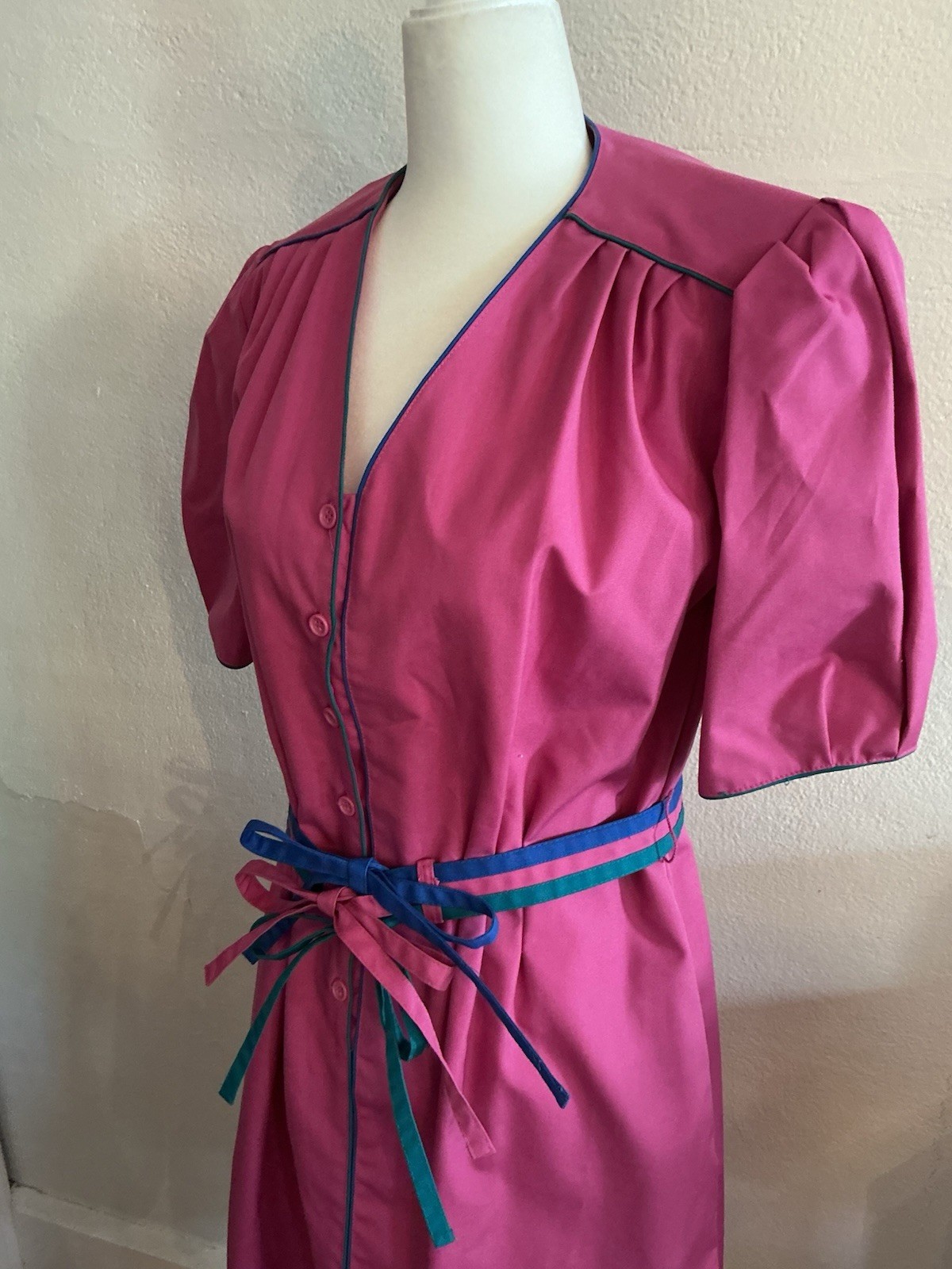 Vintage Day Dress Townhouse 80s Prep Pink Color-block Piping Whimsy 14 M L