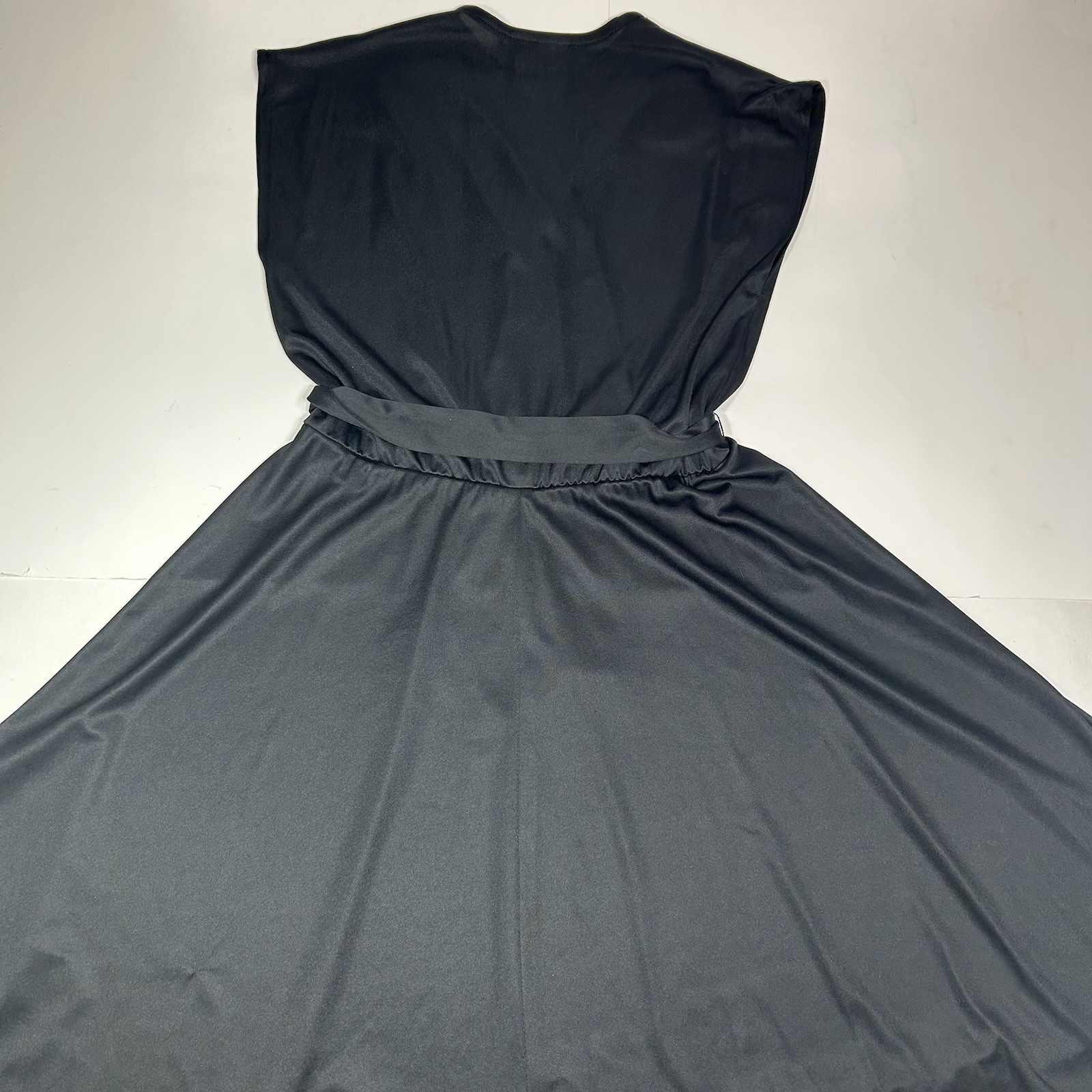 Vtg 89s Alison Peters Black Faux Wrap Midi Dress Cap Sleeve Pleated Belt Sz 10 ?