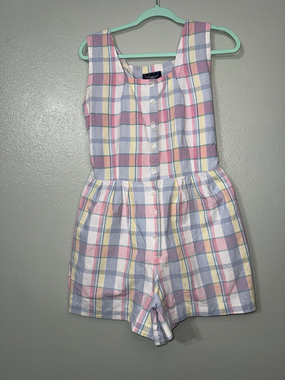 Vintage Best American Clothing Co Women’s Medium Plaid Pastel Button Up Romper