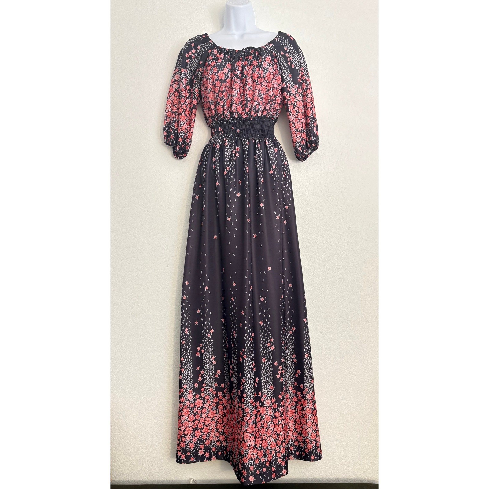 Ja Na of Hawaii Vintage Cherry Blossom Floral Maxi Dress Medium Bohemian