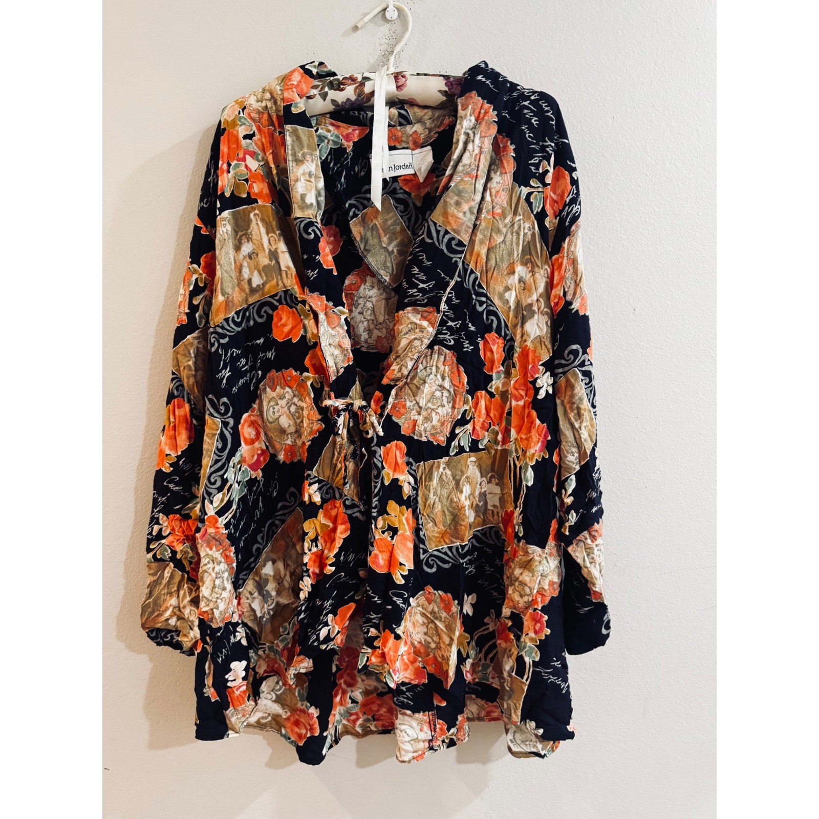 Vintage Adrian Jordan Floral Portrait Script Print Rayon Blouse Plus Size 18/20