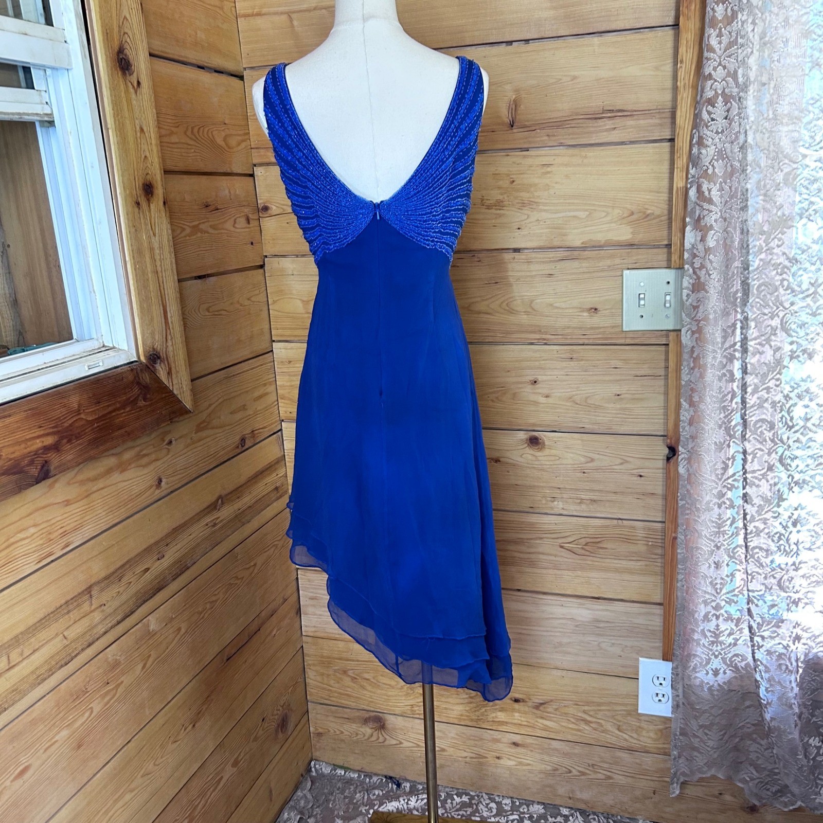 Vintage Silk Dress Women Extra Large Cobalt Blue Beaded Asymmetric Hem Dalia
